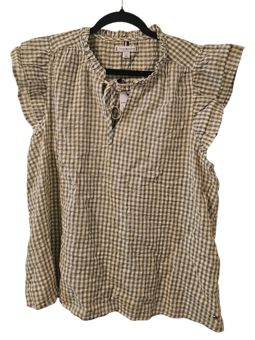 Green and White Tommy Hilfiger Women's Gingham Ruffle Sleeve Top
